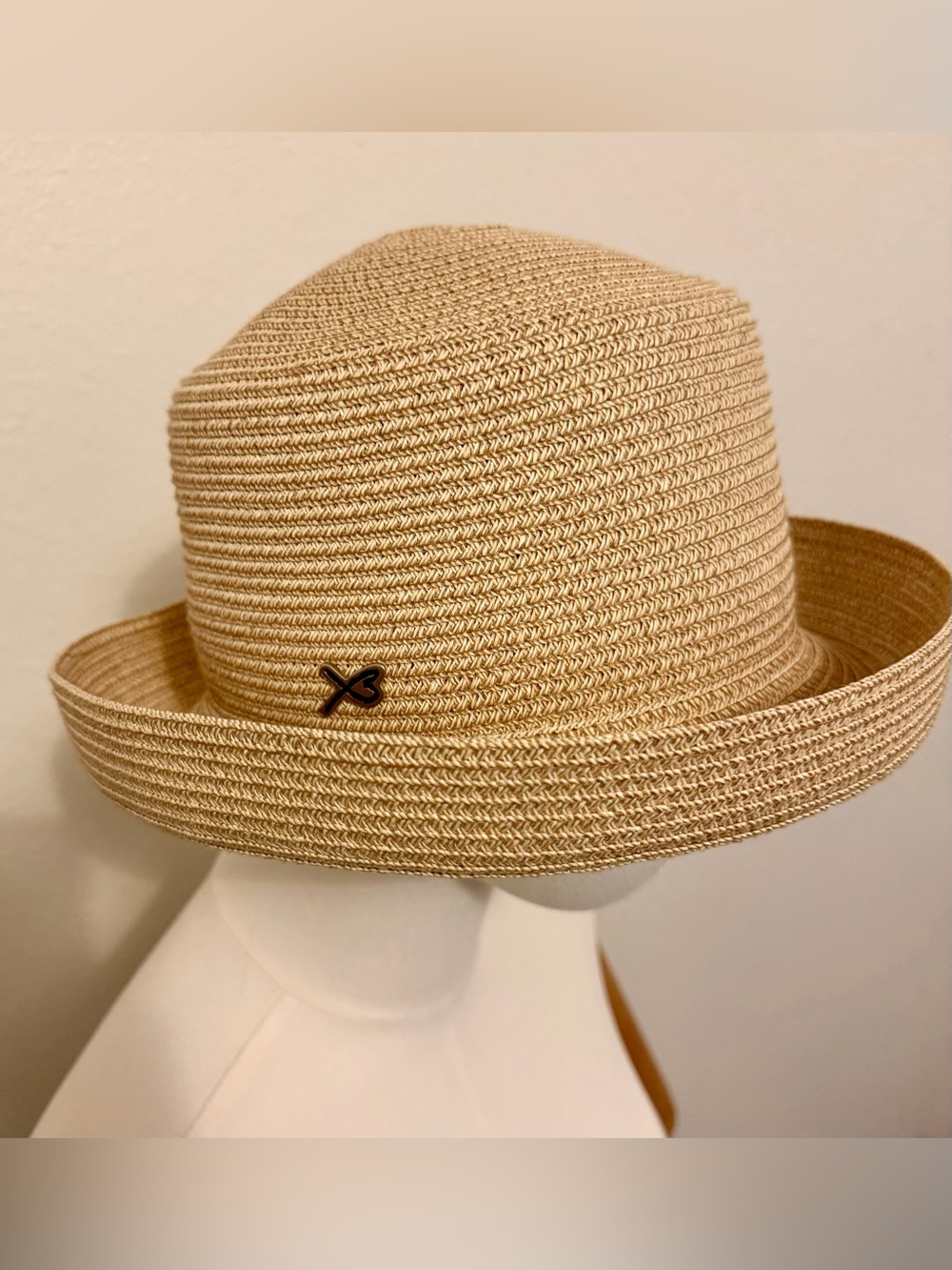 Betmar NY - Straw Fedora Hat with Metal Logo - Natural Beige